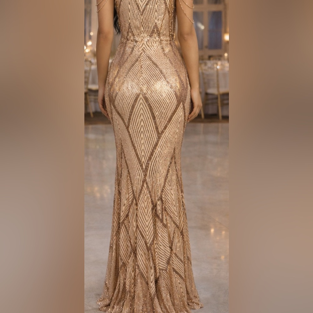 Gold Sequin Halter Gown Small Beaded Art Deco Formal Evening Dress Prom Military - Picture 4 of 6